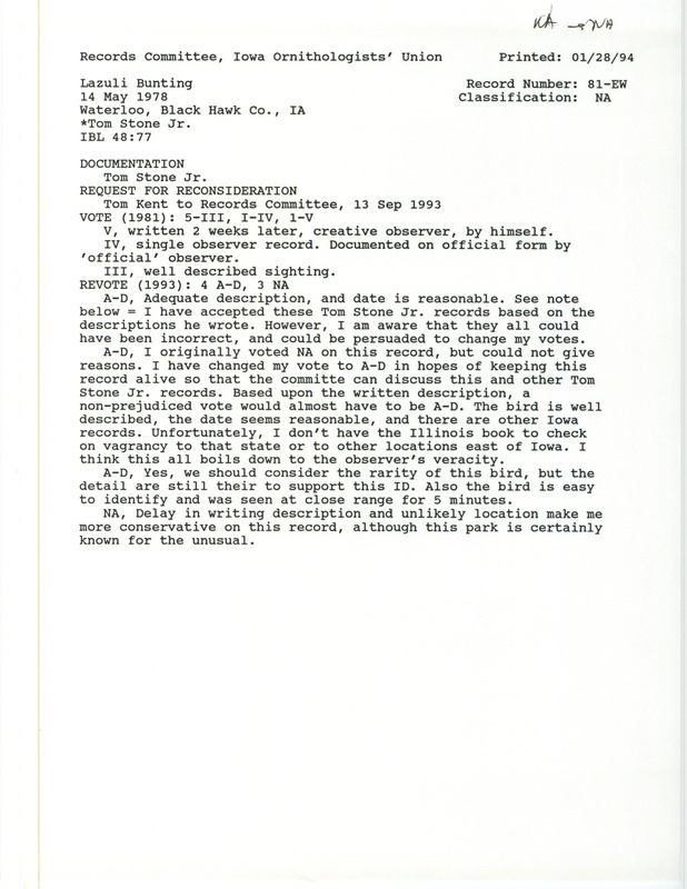 Records Committee review for a Lazuli Bunting at George Wyth State Park in Black Hawk County, IA on May 14, 1978. Includes a record review document with votes, request for reconsideration, an article in Iowa Bird Life, and a documentation form submitted to the committee.