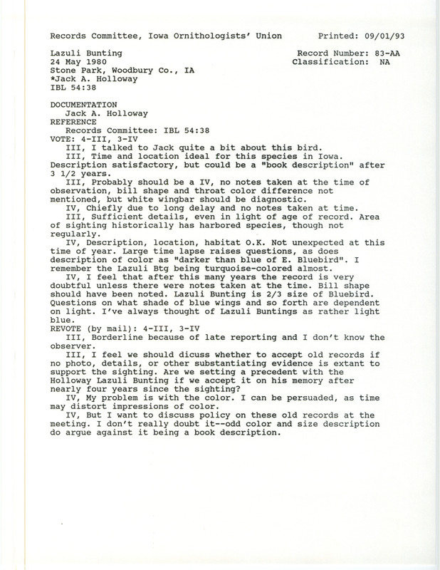 Records Committee review for a Lazuli Bunting at Stone State Park in Woodbury County, IA on May 24, 1980. Includes a record review document with votes, a summary of the review, and a documentation form submitted to the committee.