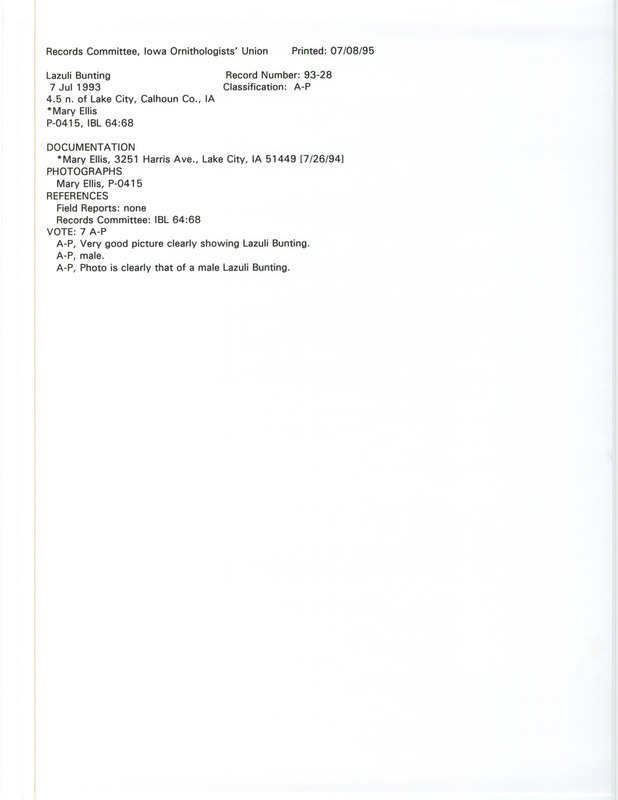 Records Committee review for a Lazuli Bunting at Lake City in Calhoun County, IA on July 7, 1993. Includes a record review document with votes, photographs, and a documentation form submitted to the committee.