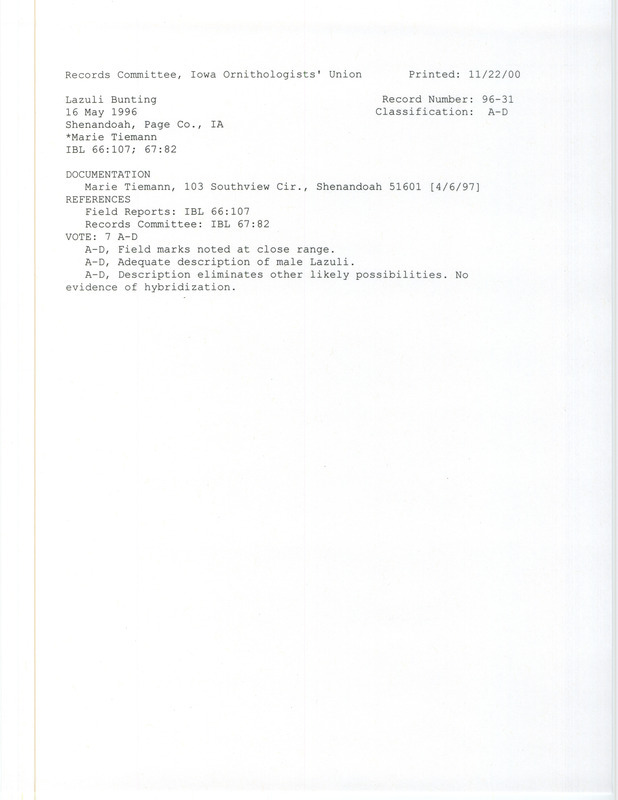 Records Committee review for a Lazuli Bunting at Shenandoah in Page County, IA on May 16, 1996. Includes a record review document with votes and a field report.