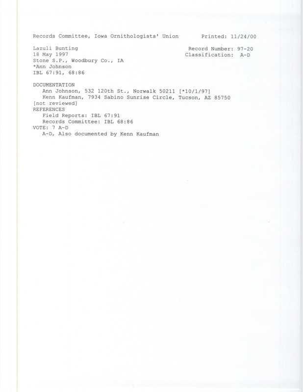 Records Committee review for a Lazuli Bunting at Stone State Park in Woodbury County, IA on May 18, 1997. Includes a record review document with votes, and two documentation forms submitted to the committee.