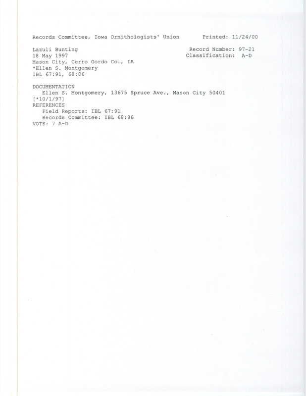 Records Committee review for a Lazuli Bunting at Mason City in Cerro Gordo County, IA on May 18, 1997. Includes a record review document with votes and a documentation form submitted to the committee.