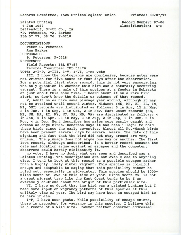 Records Committee review for a Painted Bunting at Bettendorf in Scott County, IA on January 6, 1987. Includes a record review document with votes and two documentation forms submitted to the committee.