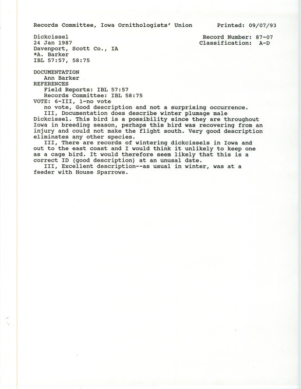 Records Committee review for a Dickcissel at Davenport in Scott County, IA on January 24, 1987. Includes a record review document with votes and a documentation form submitted to the committee.