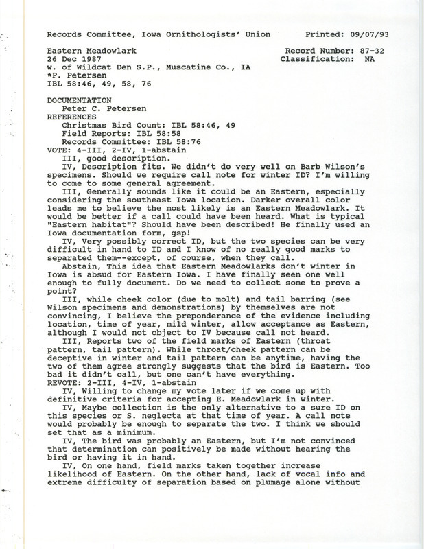 Records Committee review for an Eastern Meadowlark at Wildcat Den State Park in Muscatine County, IA on December 26, 1987. Includes a record review document with votes and a documentation form submitted to the committee.