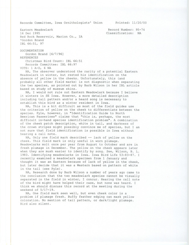 Records Committee review for an Eastern Meadowlark at Red Rock Reservoir in Marion County, IA on December 16, 1995. Includes a record review document with votes and a documentation form submitted to the committee.