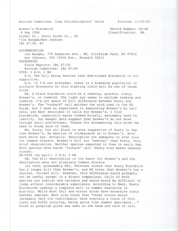 Records Committee review for a Brewer's Blackbird at Zirbel Slough in Cerro Gordo County, IA on September 8, 1996. Includes a record review document with votes and a documentation form submitted to the committee.