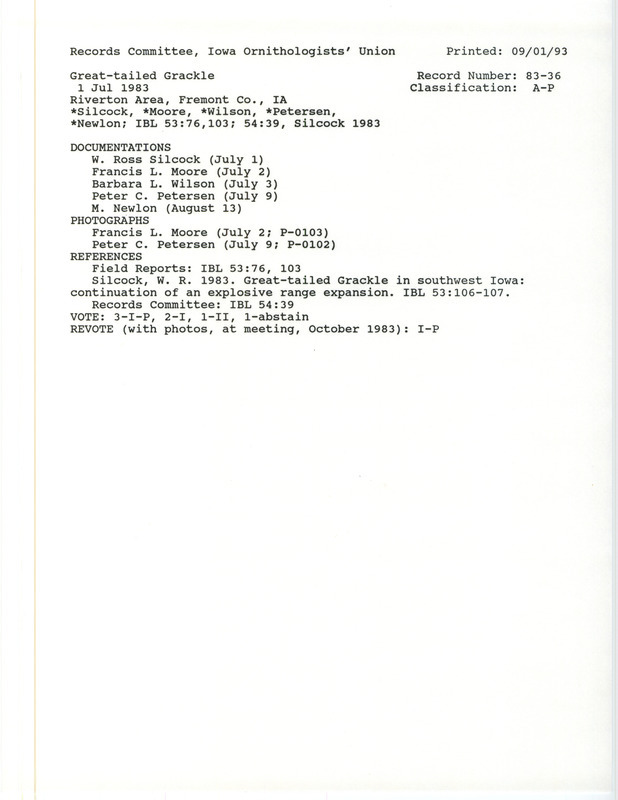 Records Committee review for three to four Great-tailed Grackles at Riverton Area in Fremont County, IA on July 1, 1983. Includes a record review document with votes, an article in Iowa Bird Life, and five documentation forms submitted to the committee.