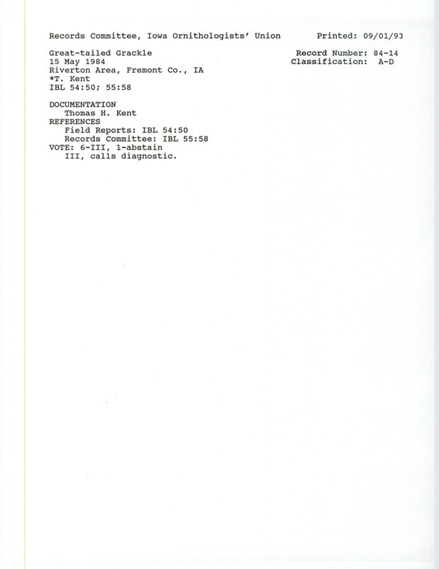 Records Committee review for a Great-tailed Grackle at Riverton Area in Fremont County, IA on May 15, 1984. Includes a record review document with votes and a documentation form submitted to the committee.