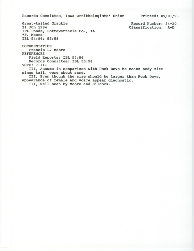 Records Committee review for two Great-tailed Grackle at IPL Ponds in Pottawattamie County, IA on June 21, 1984. Includes a record review document with votes, a summary of the review, and a documentation form submitted to the committee.