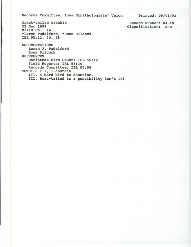 Records Committee review for a Great-tailed Grackle in Mills County, IA on December 22, 1984. Includes a record review document with votes and two documentation forms submitted to the committee.