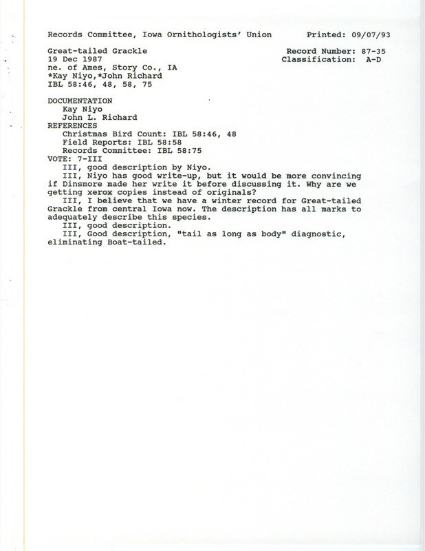 Records Committee review for a Great-tailed Grackle at Ames in Story County, IA on December 19, 1987. Includes a record review document with votes and two documentation forms submitted to the committee.