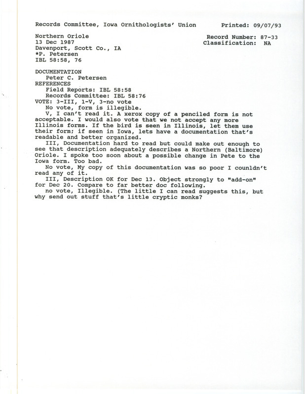 Records Committee review for a Baltimore Oriole at Davenport in Scott County, IA on December 13, 1987. Includes a record review document with votes and a documentation form submitted to the committee.