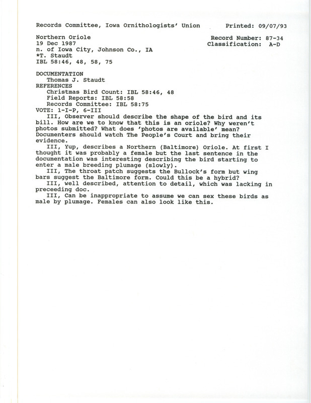 Records Committee review for a Baltimore Oriole at Iowa City in Johnson County, IA on December 19, 1987. Includes a record review document with votes and a documentation form submitted to the committee.