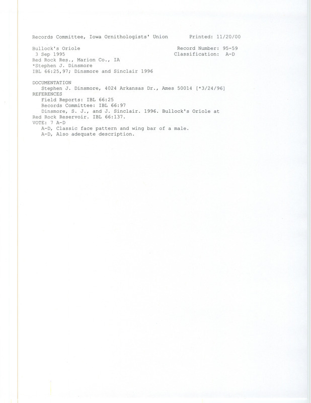 Records Committee review for a Bullock's Oriole at Lake Red Rock in Marion County, IA on September 3, 1995. Includes a record review document with votes, an article in Iowa Bird Life, and a documentation form submitted to the committee.