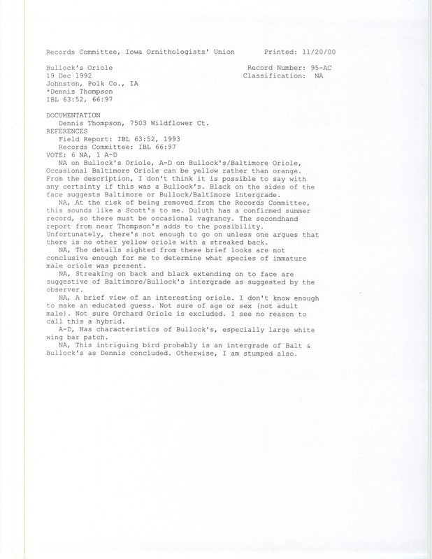 Records Committee review for a Bullock's Oriole at Johnston in Polk County, IA on December 19, 1992. Includes a record review document with votes and a documentation form (two copies) submitted to the committee.