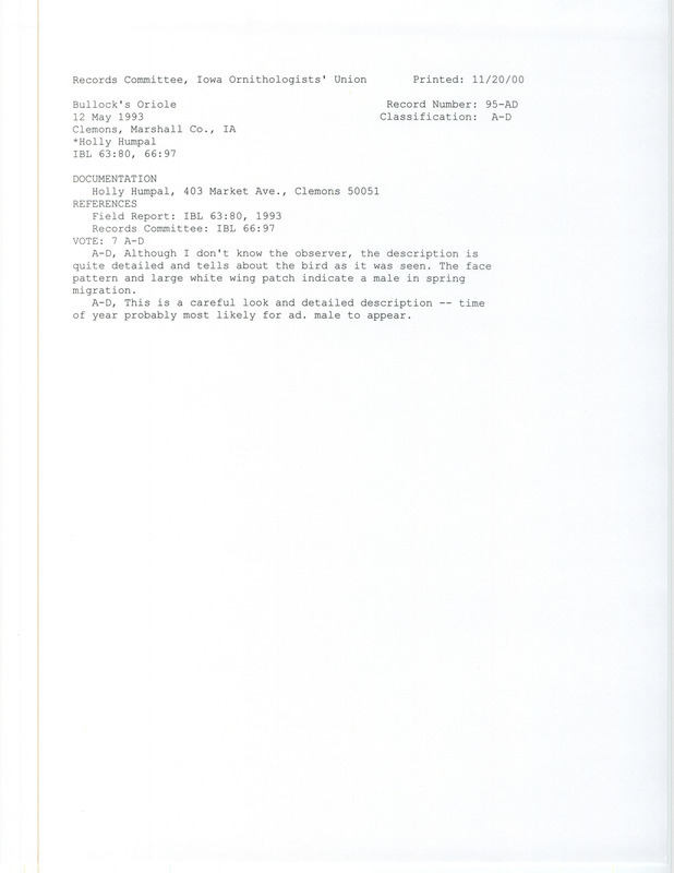 Records Committee review for a Bullock's Oriole at Clemons in Marshall County, IA on May 12, 1993. Includes a record review document with votes and a documentation form submitted to the committee.