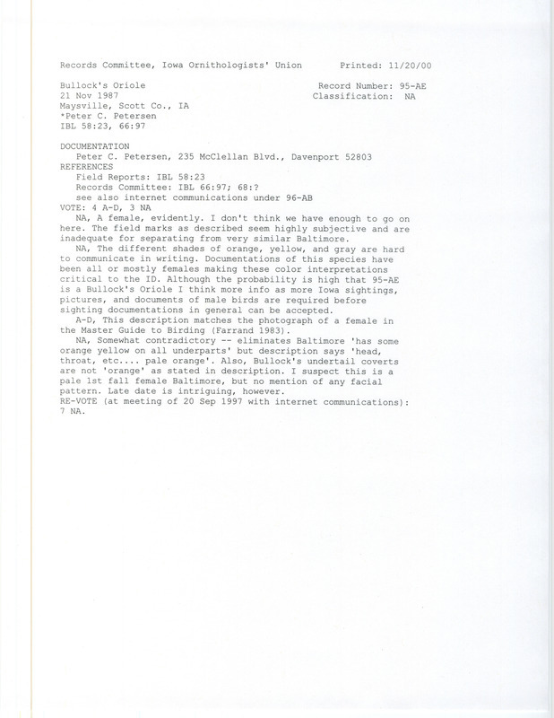 Records Committee review for a Bullock's Oriole at Maysville in Scott County, IA on November 21, 1987. Includes a record review document with votes and a documentation form submitted to the committee.