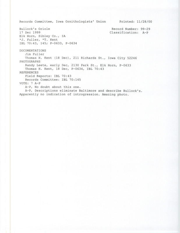 Records Committee review for a Bullock's Oriole at Elk Horn in Shelby County, IA on December 17, 1999. Includes a record review document with votes, a photograph, and two documentation forms submitted to the committee.