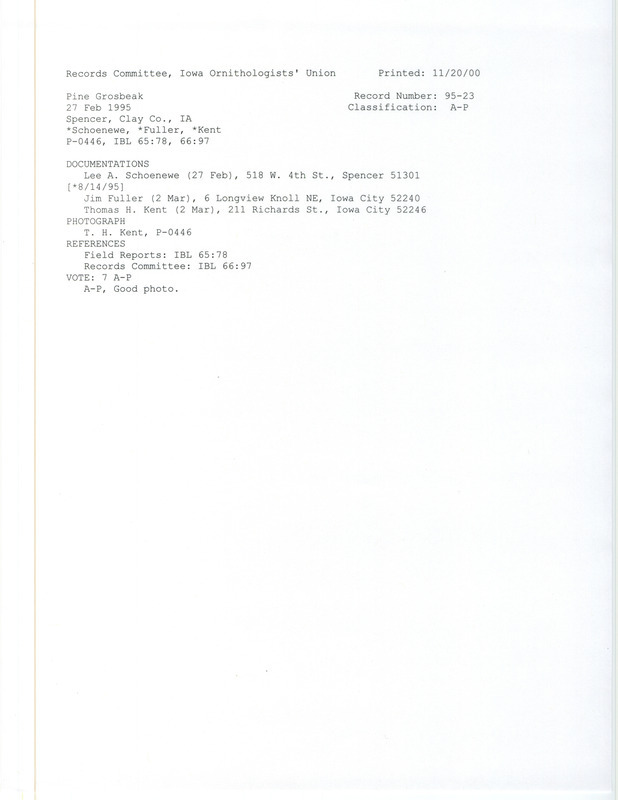 Records Committee review for two Pine Grosbeaks at Spencer in Clay County, IA on February 27, 1995. Includes a record review document with votes, a photo, and three documentation forms submitted to the committee.