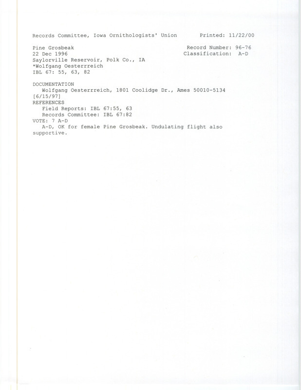 Records Committee review for a Pine Grosbeak at Saylorville Lake in Polk County, IA on December 22, 1996. Includes a record review document with votes and a documentation form submitted to the committee.