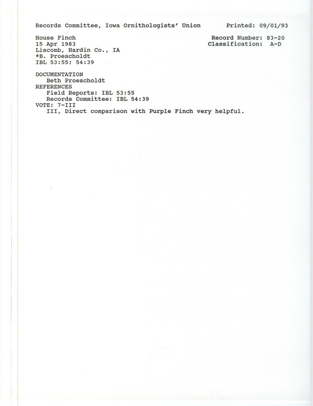 Records Committee review for a House Finch at Liscomb in Hardin County, IA on April 15, 1983. Includes a record review document with votes, a summary of the review, and a documentation form submitted to the committee.