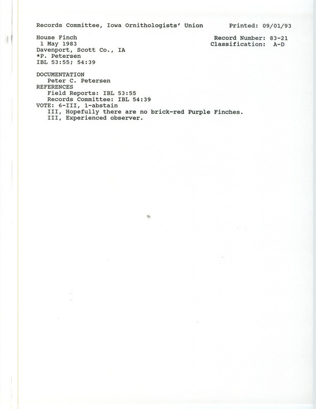 Records Committee review for a House Finch at Davenport in Scott County, IA on May 1, 1983. Includes a record review document with votes and a documentation form submitted to the committee.