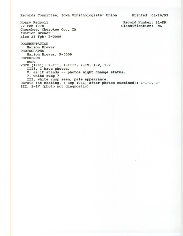 Records Committee review for a Hoary Redpoll at Cherokee in Cherokee County, IA on February 22, 1978. Includes a record review document with votes and a documentation form submitted to the committee.