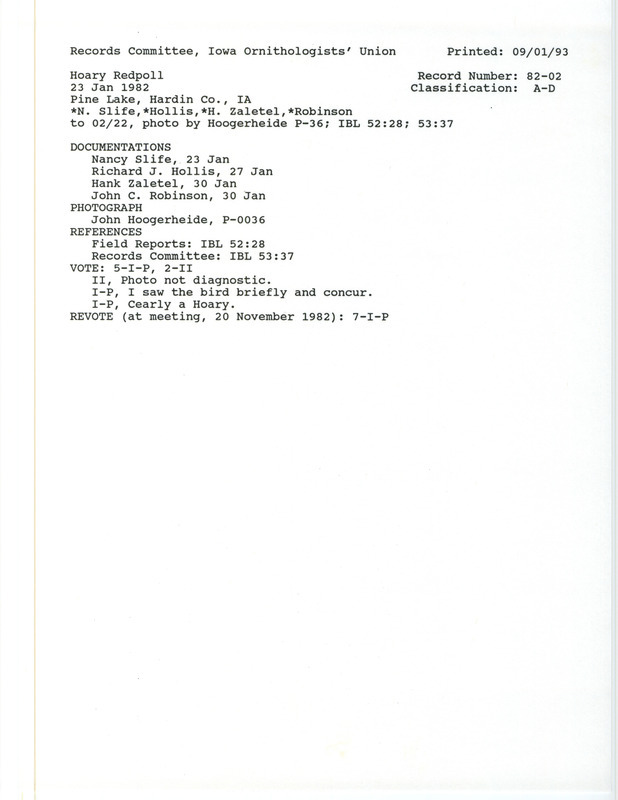 Records Committee review for a Hoary Redpoll at Pine Lake in Hardin County, IA on January 23, 1982. Includes a record review document with votes, a summary of the review, and four documentation forms submitted to the committee.