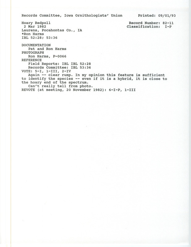 Records Committee review for a Hoary Redpoll at Laurens in Pocahontas County, IA on March 2, 1982. Includes a record review document with votes, a summary of the review, and a documentation form submitted to the committee.