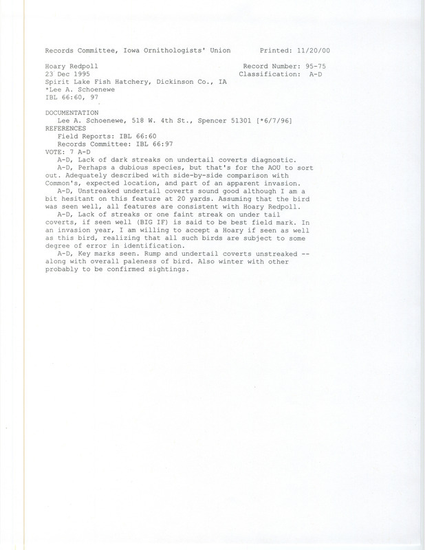 Records Committee review for a Hoary Redpoll at Spirit Lake Fish Hatchery in Dickinson County, IA on December 23, 1995. Includes a record review document with votes and a documentation form submitted to the committee.