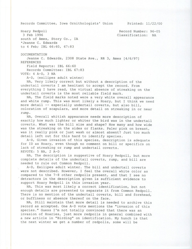 Records Committee review for a Hoary Redpoll at Ames in Story, IA on February 3, 1996. Includes a record review document with votes and a documentation form submitted to the committee.