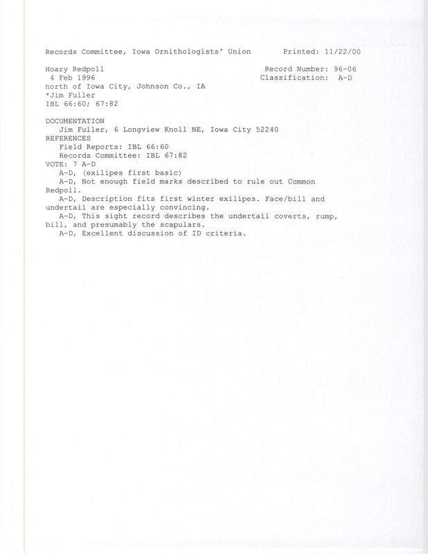 Records Committee review for a Hoary Redpoll at Iowa City in Johnson County, IA on February 4, 1996. Includes a record review document with votes and a documentation form submitted to the committee.