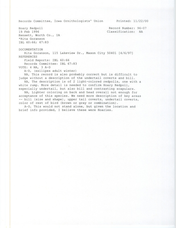 Records Committee review for two Hoary Redpolls at Kensett in Worth County, IA on February 19, 1996. Includes a record review document with votes and a documentation form submitted to the committee.