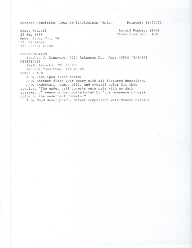 Records Committee review for a Hoary Redpoll at Ames in Story County, IA on February 28, 1996. Includes a record review document with votes and a documentation form submitted to the committee.