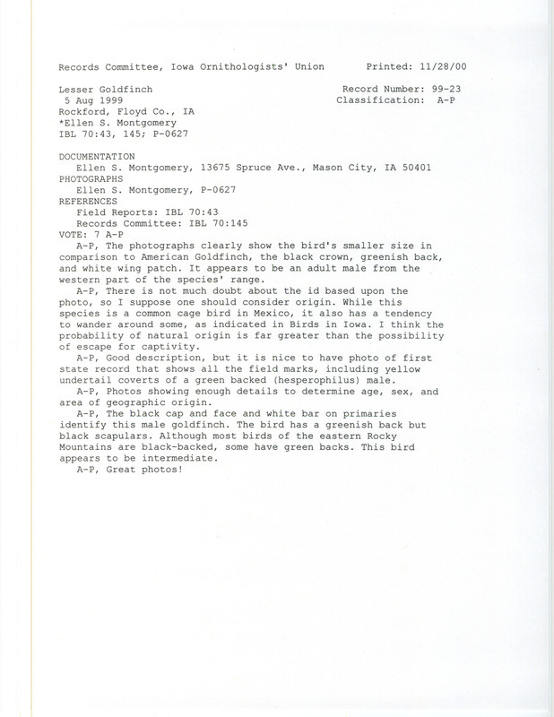 Records Committee review for a Lesser Goldfinch at Rockford in Floyd County, IA on August 5, 1999. Includes a record review document with votes, photographs, and a documentation form submitted to the committee.