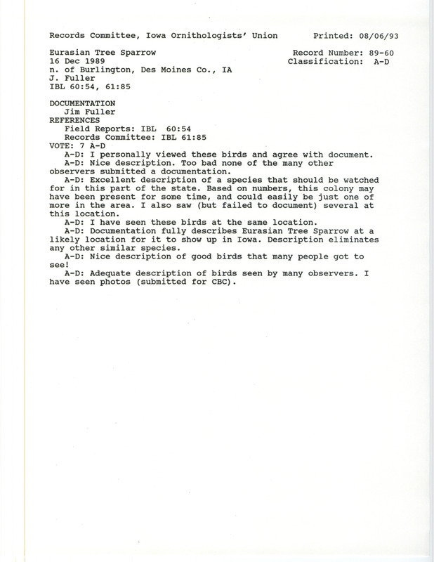 Records Committee review for ten Eurasian Tree Sparrows at Burlington in Des Moines County, IA on December 16, 1989. Includes a record review document with votes and a documentation form submitted to the committee.