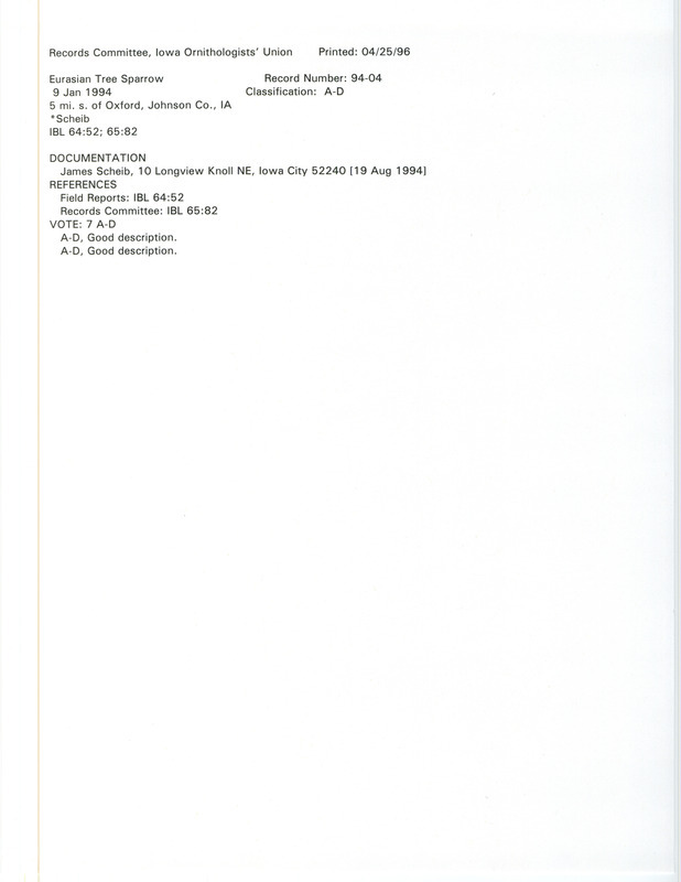 Records Committee review for a Eurasian Tree Sparrow at Oxford in Johnson County, IA on January 9, 1994. Includes a record review document with votes and a documentation form submitted to the committee.