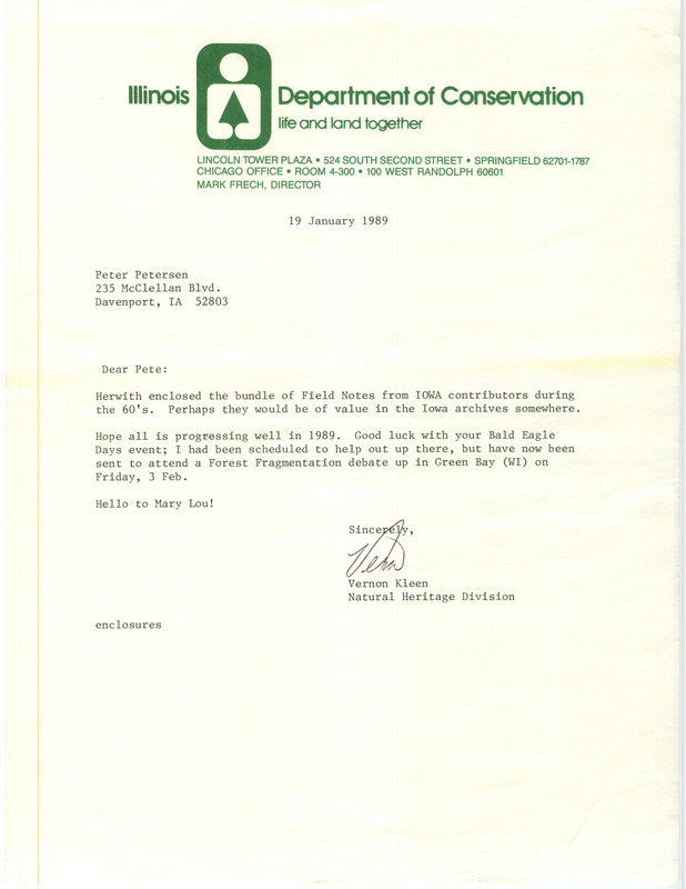 Letter from Vernon Kleen to Peter Petersen, January 19, 1989 that accompanied a packet of field notes from 1960s. All items from Box 17, folder 1 of the Iowa Ornithologists' Union Collection were included in this packet.