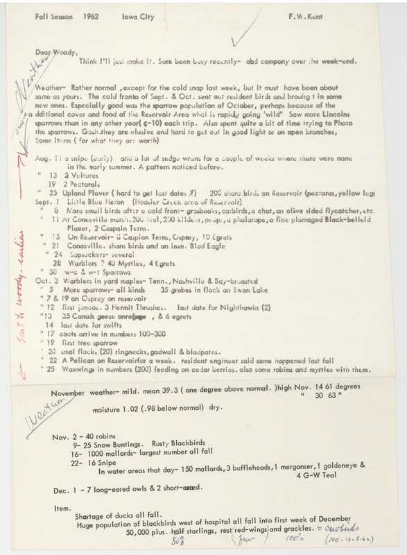 Field notes contributed by Frederick W. Kent. This item was used as supporting documentation for the Iowa Ornithologists' Union Quarterly field report of Fall 1962. All items on Box 17 folder 1 are part of a packet sent to Peter C. Petersen by Vernon M. Kleen in 1989.