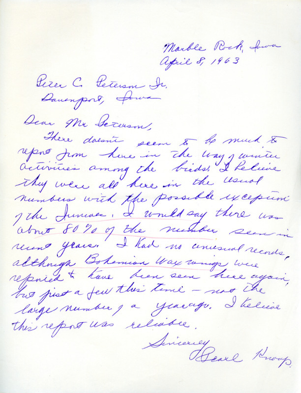 Field notes for winter 1963 contributed by Pearl Knoop in a letter to Peter C. Petersen, Jr., April 8, 1963. This item was used as supporting documentation for the Iowa Ornithologists' Union Quarterly field report of winter 1963.