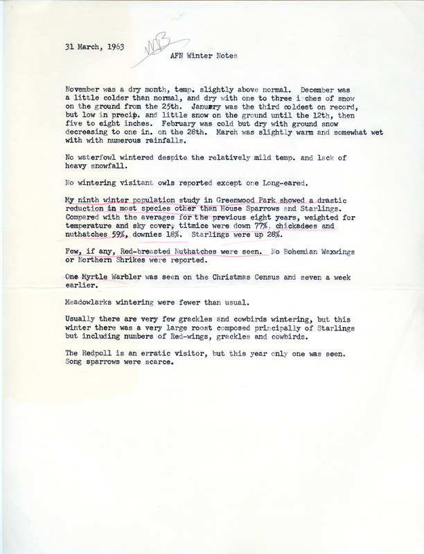 Audubon field notes for Des Moines Iowa contributed by Woodward H. Brown, March 31, 1963. This item was used as supporting documentation for the Iowa Ornithologists' Union Quarterly field report of Winter 1963.