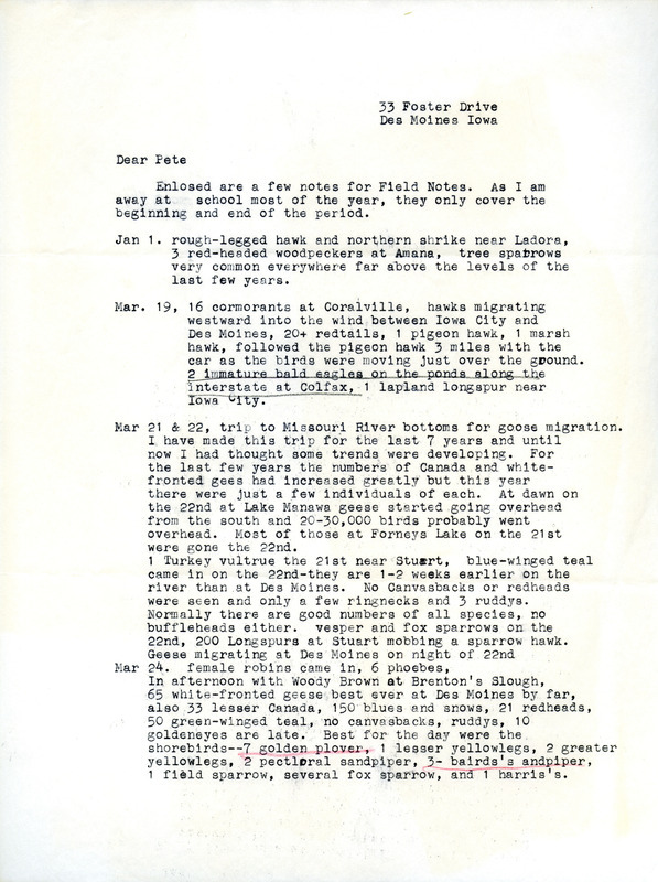 Field notes for winter 1963 contributed by Joe Kennedy in a letter to Peter Petersen. This item was used as supporting documentation for the Iowa Ornithologists' Union Quarterly field report of winter 1963.