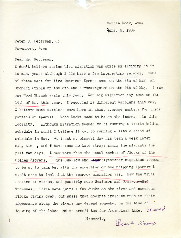 Spring migration report contributed by Pearl Knoop in a letter to Peter C. Petersen June 4, 1963. This item was used as supporting documentation for the Iowa Ornithologists' Union Quarterly field report of spring 1963.