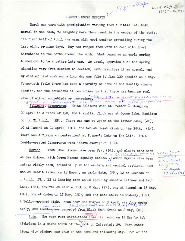 Quarterly field report for the spring of 1963 titled "General note reports." It is published in Iowa Bird Life 33:37-41, 1963. The report is a draft with manual annotations.