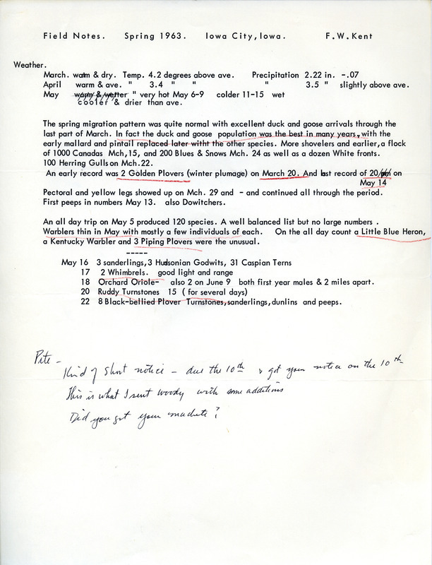 Field notes for spring migration of 1963 contributed by Frederick W. Kent from Iowa City, Iowa. This item was used as supporting documentation for the Iowa Ornithologists' Union Quarterly field report of spring 1963.