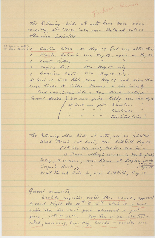 Field notes for Morse Lake during May 1963. The name Jackson-Rowan is handwritten in red at the top of the note. This item was used as supporting documentation for the Iowa Ornithologists' Union Quarterly field report of Spring 1963.