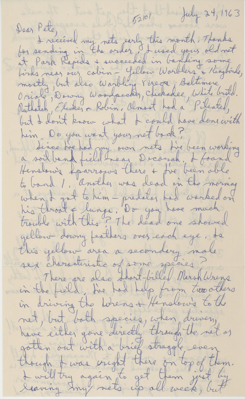 Letter to Peter C. Petersen regarding bird sightings sent on July 24, 1963. This item was used as supporting documentation for the Iowa Ornithologists' Union Quarterly field report of summer 1963.