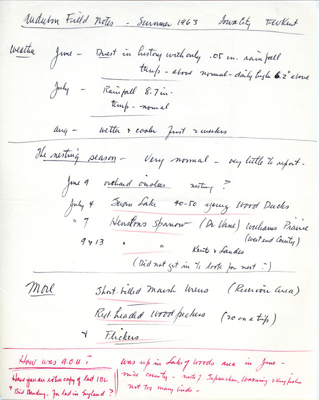 Audubon field notes contributed by Frederick W. Kent. This item was used as supporting documentation for the Iowa Ornithologists' Union Quarterly field report of summer 1963.