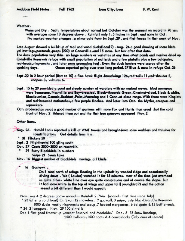 Audubon field notes contributed by Frederick W. Kent. This item was used as supporting documentation for the Iowa Ornithologists' Union Quarterly field report of Fall 1963.